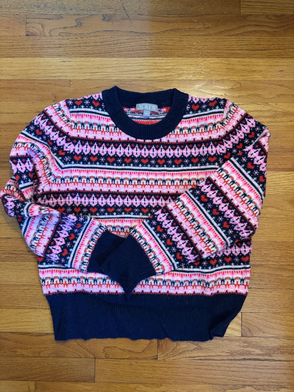 J. Crew Pink & Navy Fair Isle Crewneck Sweater